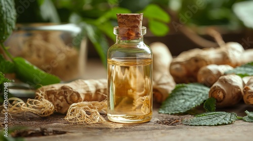 Angelica Root Extract in Glass Bottle with Plant Elements
