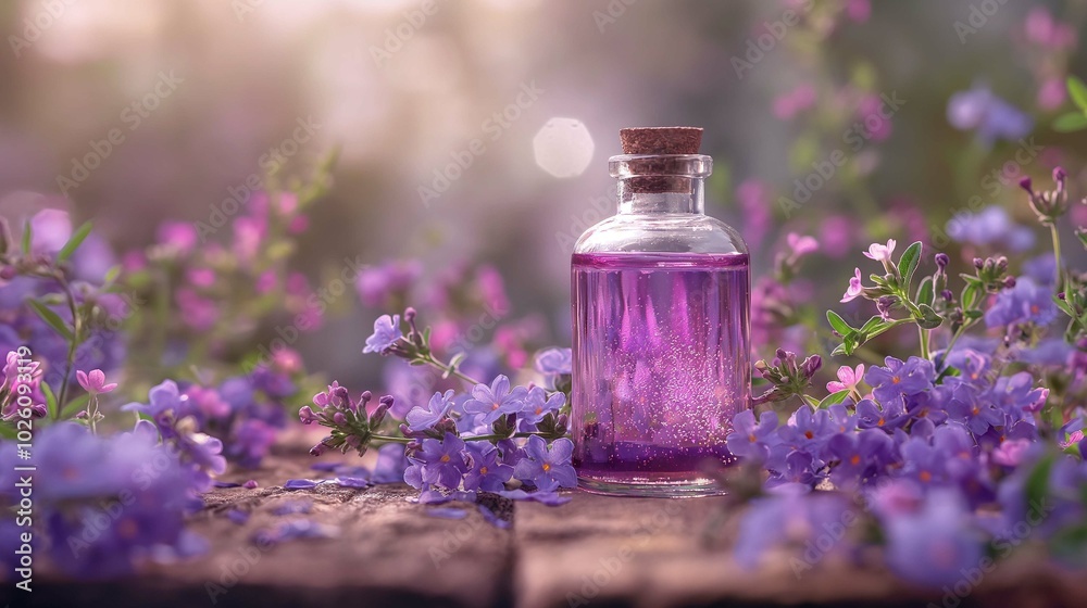 Glass Bottle with Purple Extract Surrounded by Flowers Glass Bottle with Purple Extract Surrounded by Flowers