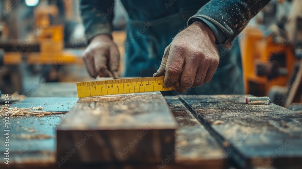 Carpenter Measuring Wood in Workshop Carpenter Measuring Wood in Workshop