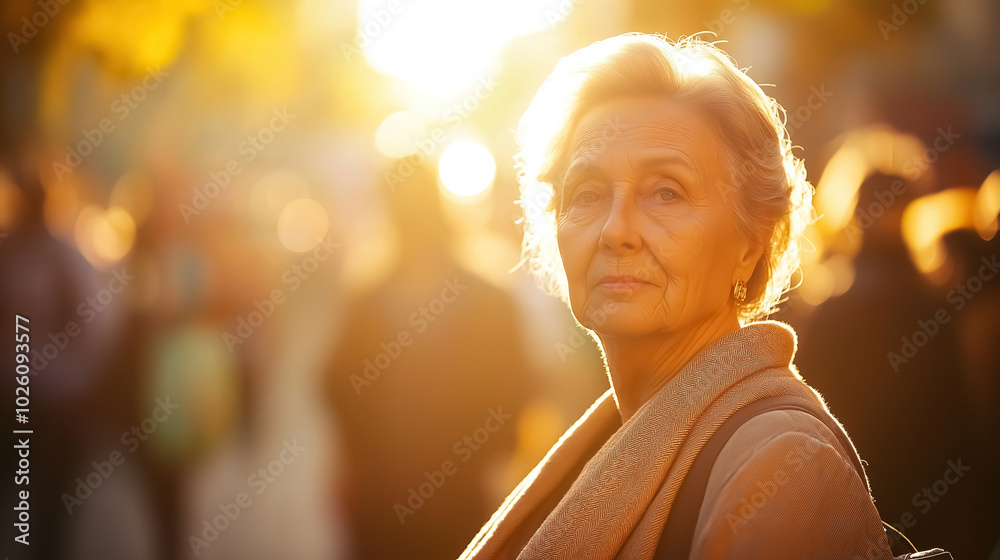 Obraz premium A stunning older woman stands in a lively crowd