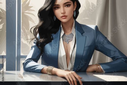 illustration a model wearing a thin silver bracelet her  hair in waves that fall over her shoulder blades, wearing an elegant blue blazer