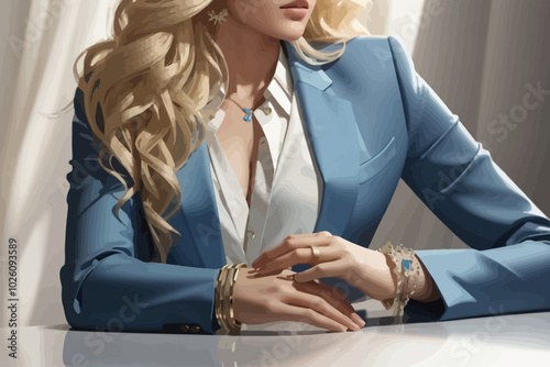 illustration a model wearing a thin silver bracelet her  hair in waves that fall over her shoulder blades, wearing an elegant blue blazer
