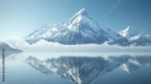 A majestic, snow-capped mountain peak rises above a calm, serene lake, with clouds partially obscuring the summit and reflecting in the water.