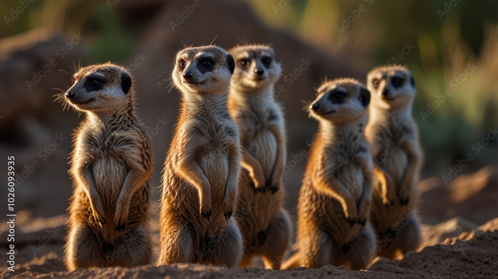 A group of four meerkats stand upright, looking out at the surrounding area. The meerkats are in a sandy environment. The sun shines on the meerkats, creating a warm, inviting atmosphere. A group of four meerkats stand upright, looking out at the surrounding area. The meerkats are in a sandy environment. The sun shines on the meerkats, creating a warm, inviting atmosphere.