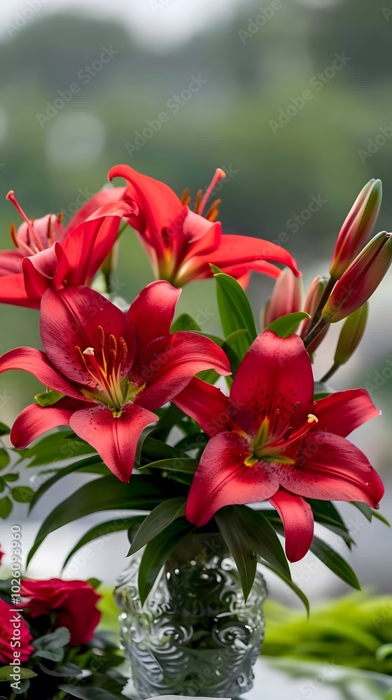 Vibrant red lilies in a decorative glass vase against a soft green background. Vibrant red lilies in a decorative glass vase against a soft green background.