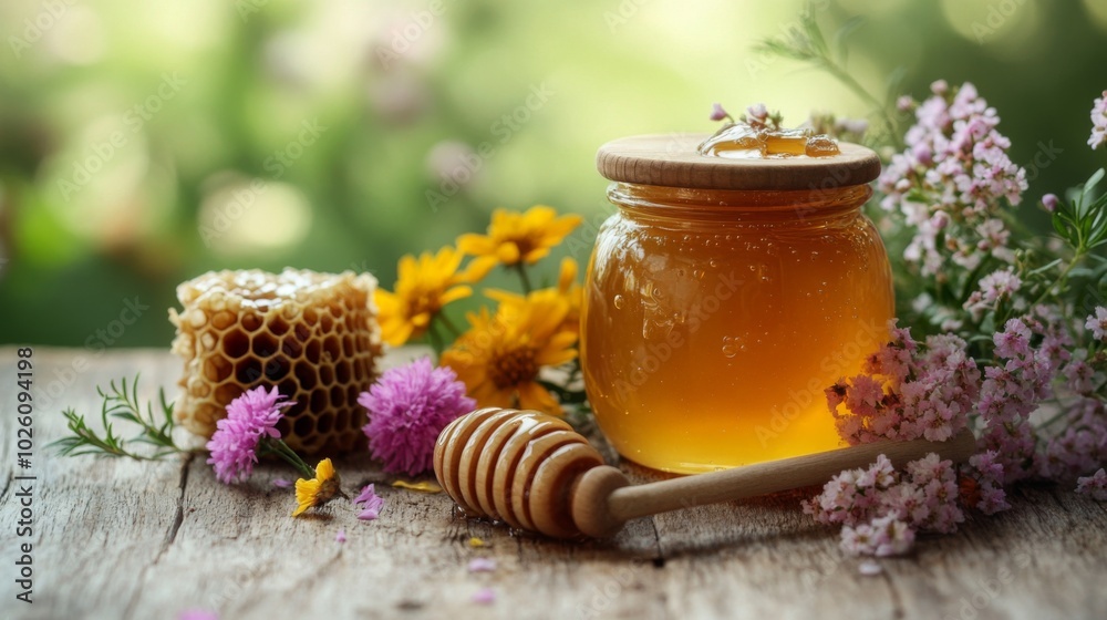 Honey Jar and Flowers on Rustic Table Honey Jar and Flowers on Rustic Table