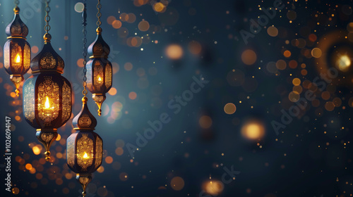 Islamic holiday ramadan blue banner background with lantern golden bokeh light eid celebration