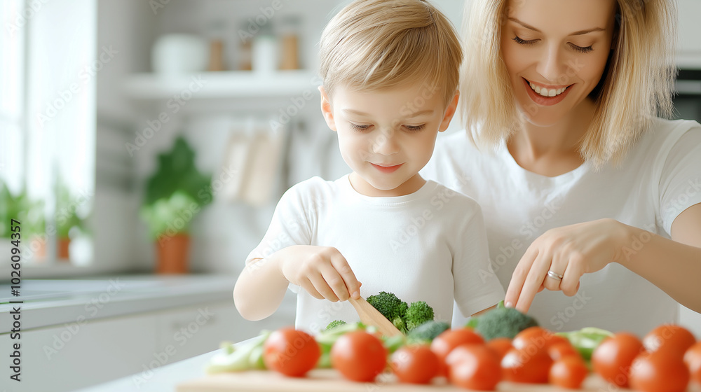 Kids helping mom chop vegetables in a minimalist kitchen, family bonding over cooking. Kids helping mom chop vegetables in a minimalist kitchen, family bonding over cooking.