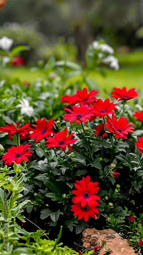 Vibrant red flowers bloom in a lush garden setting. Vibrant red flowers bloom in a lush garden setting.