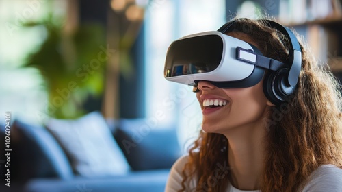 Woman fully absorbed in a virtual reality experience