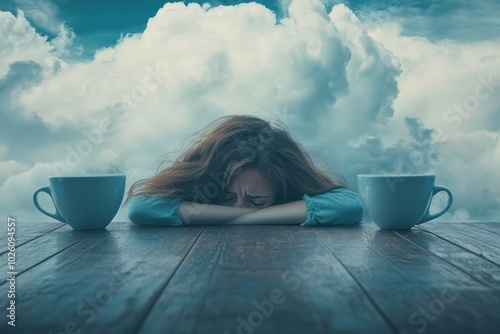 A person sitting at a desk, slumped over with tired eyes, surrounded by coffee cups and a cloudy sky, symbolizing the Monday blues