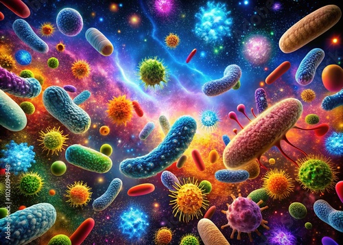 Vibrant Microscopic Bacteria in Space - Scientific Illustration for Education