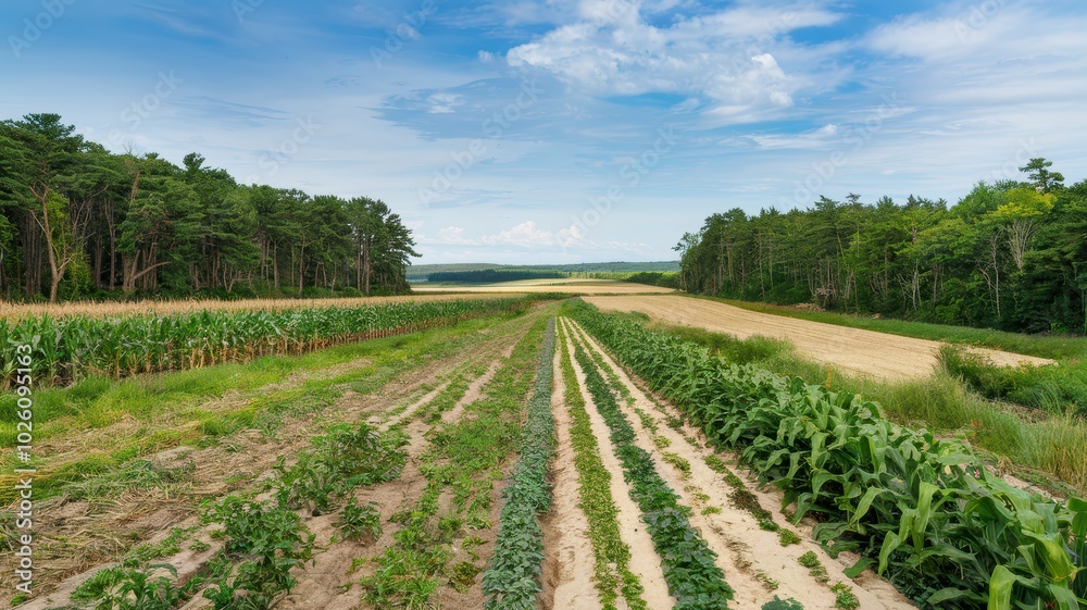 Stunning rural landscape with a dirt road cutting through a lush green countryside of fields forests and rolling hills under a beautiful blue sky with fluffy white clouds Stunning rural landscape with a dirt road cutting through a lush green countryside of fields forests and rolling hills under a beautiful blue sky with fluffy white clouds