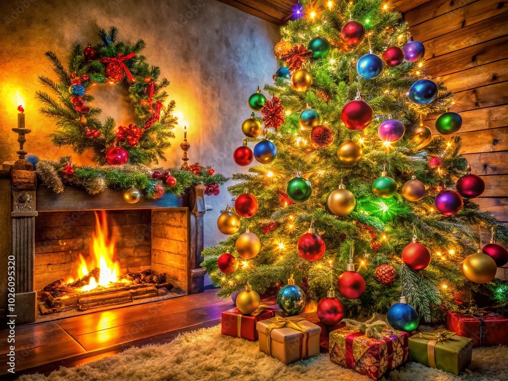 Festive Long Exposure of a Christmas Tree by a Cozy Fireplace with Twinkling Lights Festive Long Exposure of a Christmas Tree by a Cozy Fireplace with Twinkling Lights
