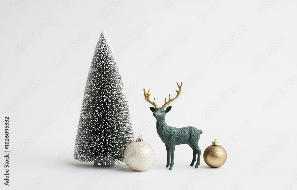 Fototapeta premium Christmas or New Year layout with white snowy Christmas tree and golden Christmas decoration. Bright Holiday background.