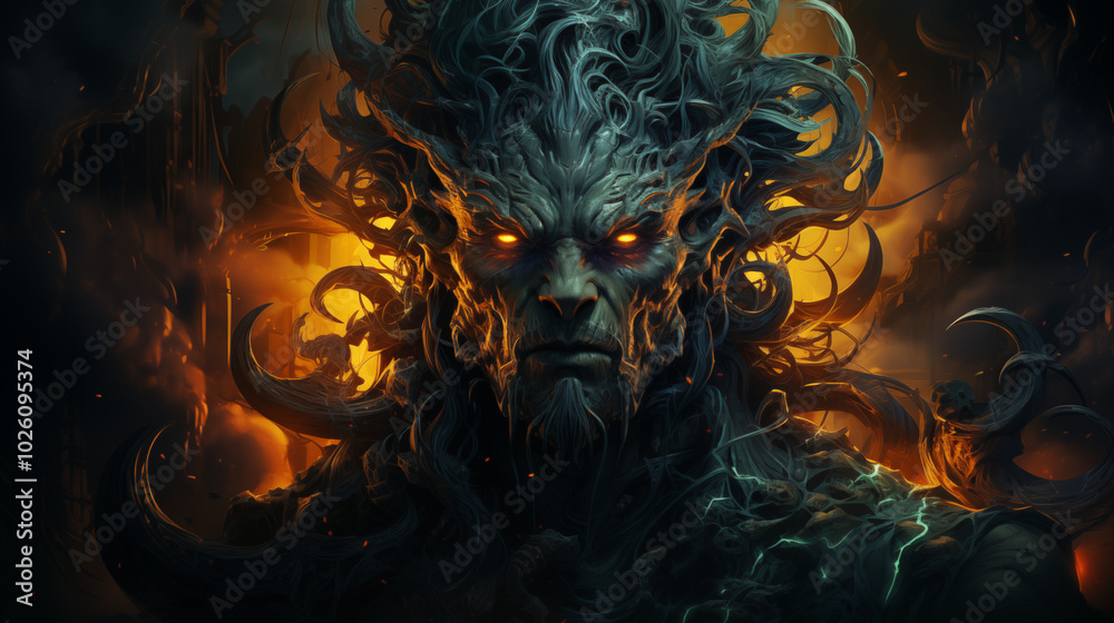 Fototapeta premium Mythical creature with a fierce expression embodying power against a fiery background