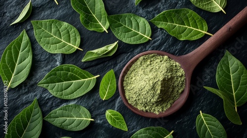 Fresh Gymnema Sylvestre Leaves and Powder on Dark Surface