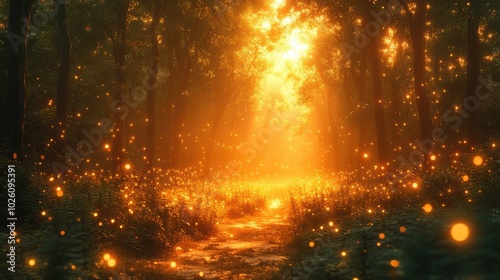 Enchanted Forest Pathway with Glowing Fireflies at Sunset