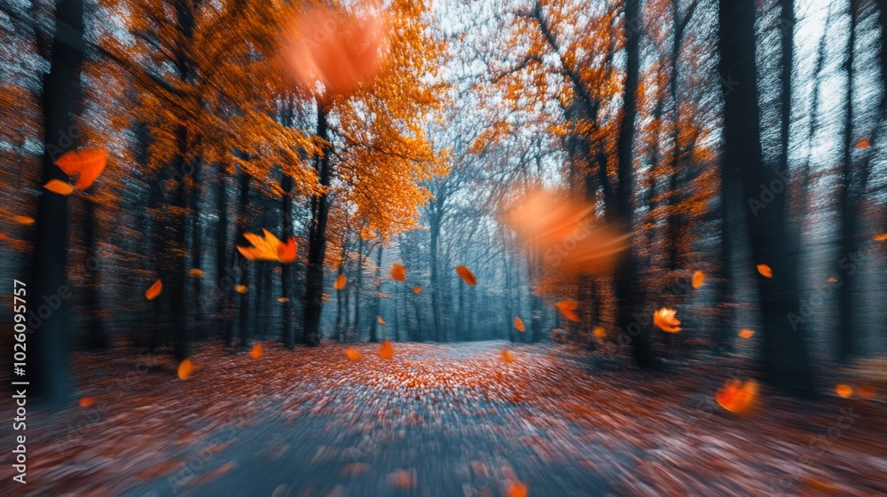 Autumn Forest Path with Falling Leaves Autumn Forest Path with Falling Leaves