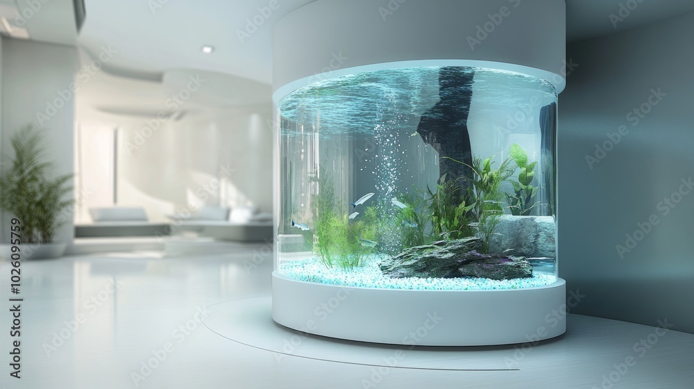 A modern transparent aquarium in a sleek white room, showcasing exotic bioluminescent fish and otherworldly plants, creating a mesmerizing living art piece. A modern transparent aquarium in a sleek white room, showcasing exotic bioluminescent fish and otherworldly plants, creating a mesmerizing living art piece.