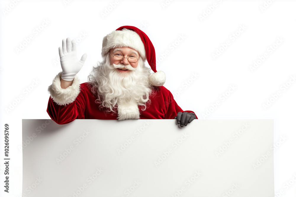 Santa Claus sitting on the edge of an empty white banner and waving his hand, isolated on a transparent background.Minimal creative Crhristmas holday advertise concept.Copy space Santa Claus sitting on the edge of an empty white banner and waving his hand, isolated on a transparent background.Minimal creative Crhristmas holday advertise concept.Copy space