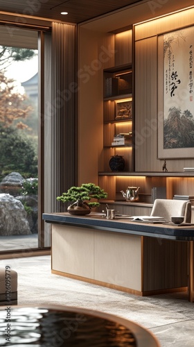 Luxurious modern Chinese study, 50sqm, Song Dynasty aesthetics meets contemporary design photo