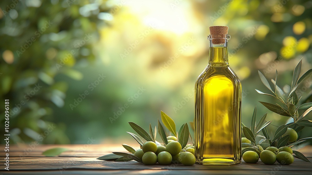 Organic Olive Oil Bottle with Fresh Olives in Nature Organic Olive Oil Bottle with Fresh Olives in Nature