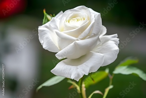 A stunning white rose in full bloom, showcasing delicate petals and lush greenery.