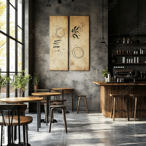 Create a highly realistic image of a minimalistic interior coffee bar, captured as if taken by a professional architectural photographer. photo