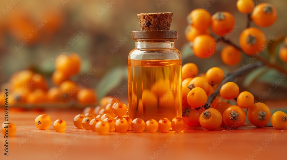 Sea Buckthorn Oil and Berries in Natural Setting