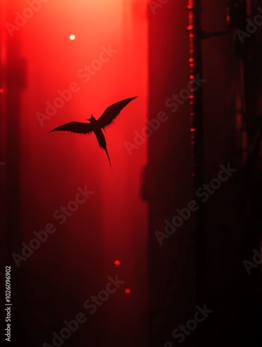 Minimalism. Vanta black foggy atmosphere with dark saturated red underglow at night. Goth flying foxes with smoked eye shadow. photo