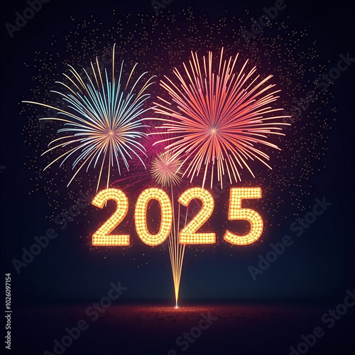 The night sky lights up with colorful fireworks as joyful celebrations welcome the New Year 2025, featuring dazzling golden text wishing happiness for all