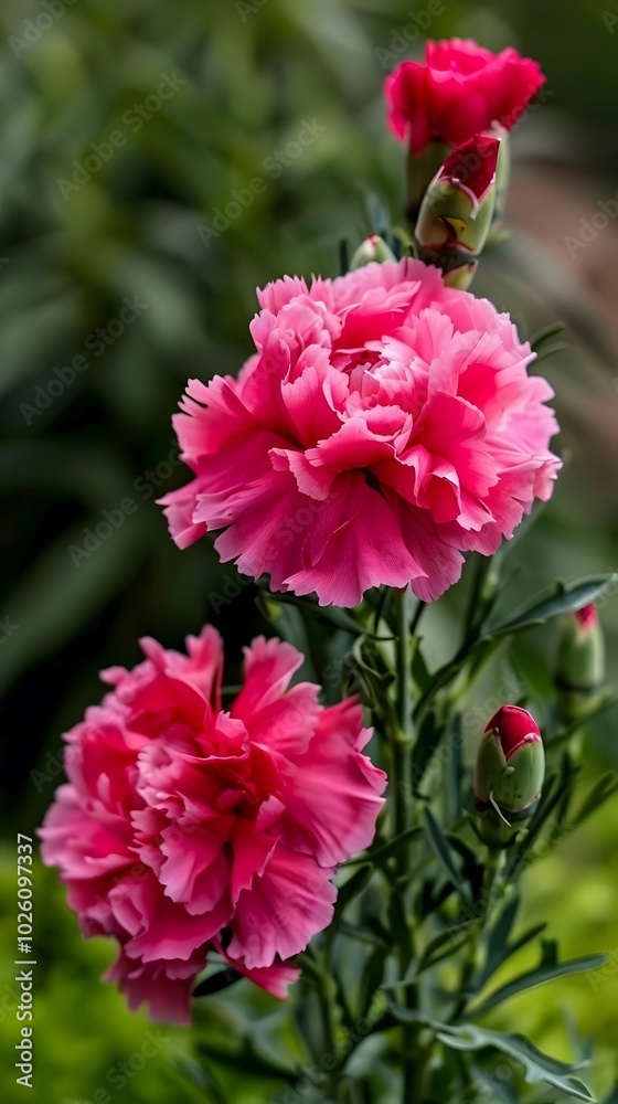 Vibrant pink carnations blooming in a garden setting. Vibrant pink carnations blooming in a garden setting.