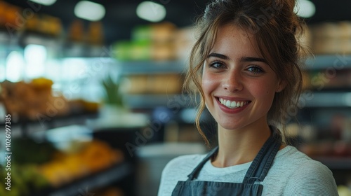 A woman with a smile on her face stands in a grocery store