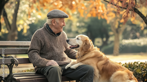 An elderly man sitting with his elderly dog photo