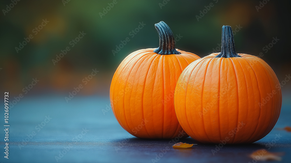 Two orange pumpkins are sitting on a table. The pumpkins are fresh and ready to be eaten Two orange pumpkins are sitting on a table. The pumpkins are fresh and ready to be eaten