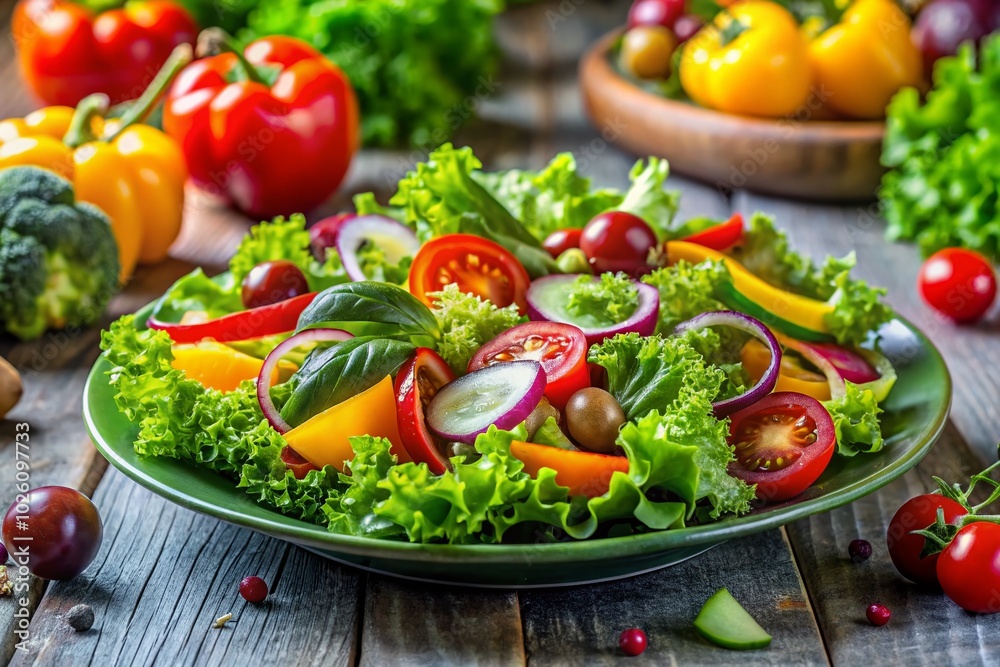 Fresh Green Salad with Vibrant Vegetables and Copy Space for Text Enhancement Fresh Green Salad with Vibrant Vegetables and Copy Space for Text Enhancement
