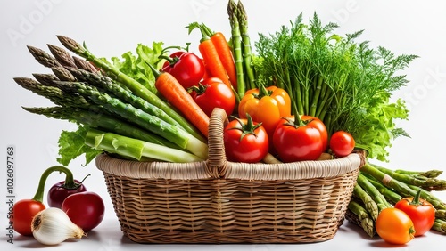 A vibrant basket filled with fresh vegetables and greens, showcasing healthy eating.