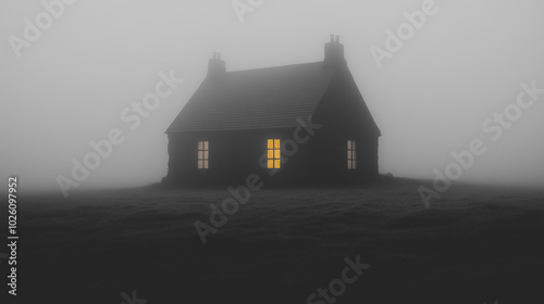 A small house with a window lit up in the fog. The house is surrounded by a field of grass