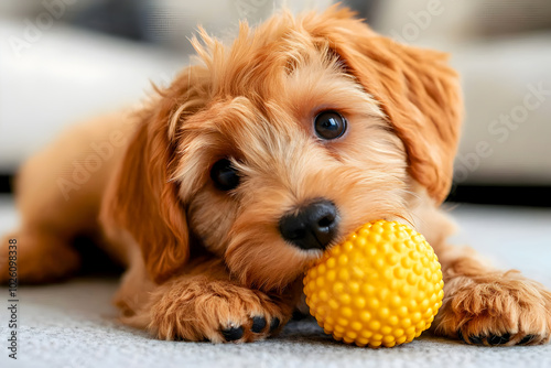 A Maltipoo dog enthusiastically plays with a small yellow ball on the floor at home, showcasing its lively spirit. photo