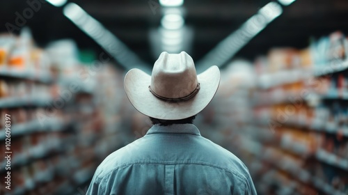 A photograph depicting a man in a cowboy hat shopping in a grocery store aisle, capturing the intersection of traditional headwear and modern supermarket shopping. photo