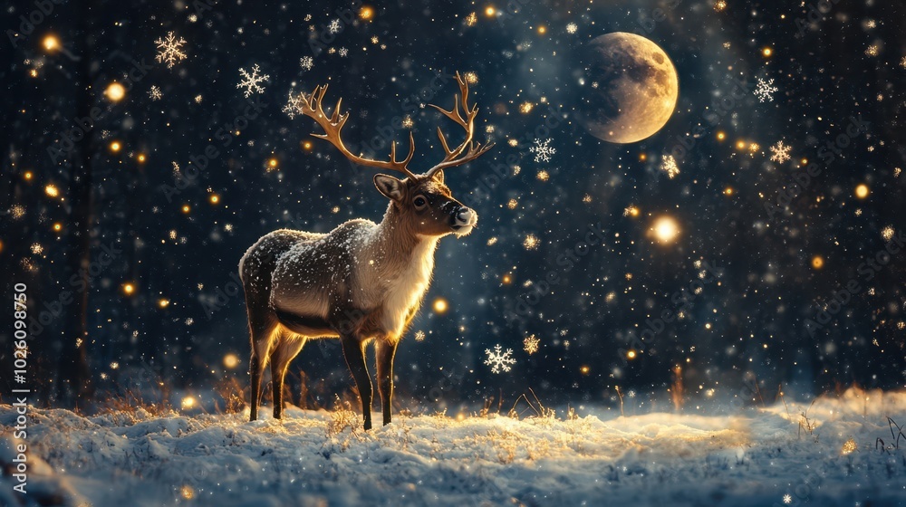 Majestic reindeer under a moonlit sky with falling snowflakes, creating a magical winter scene. Majestic reindeer under a moonlit sky with falling snowflakes, creating a magical winter scene.