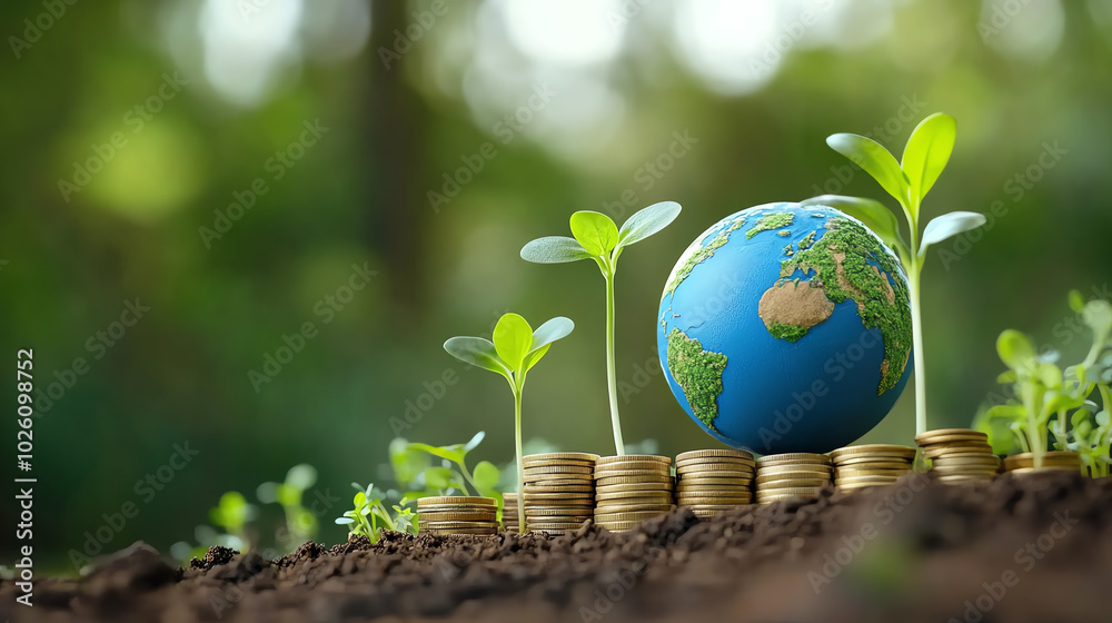 Environmental responsibility represented by sprouts growing next to a globe and piles of coins focus on Environmental responsibility represented by sprouts growing next to a globe and piles of coins focus on