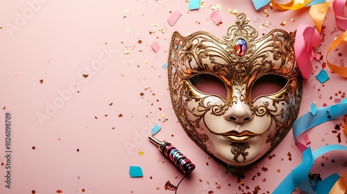 Elegant Venetian mask adorned intricate golden details paired with colorful streamers and a shiny whistle on a minimalistic pale pink background creating a vibrant carnival party vibe