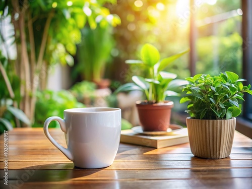 White Coffee Mug Next to a Potted Plant - A Serene Workspace Scene