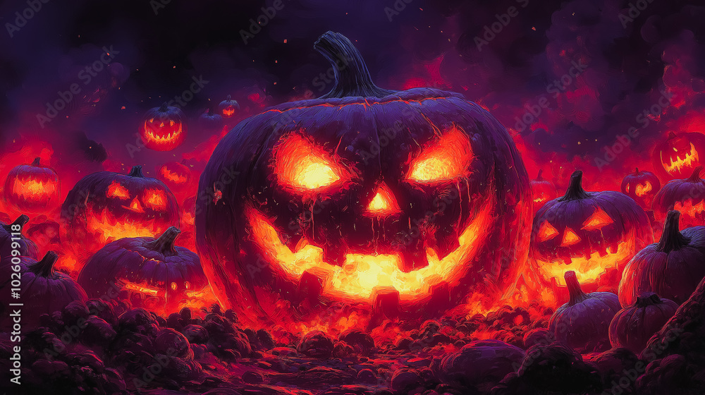 Fototapeta premium A Halloween scene with a large pumpkin with a scary face and several other pumpkins surrounding it. Scene is spooky and eerie