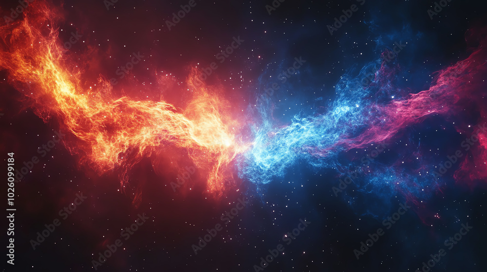 Fototapeta premium Fiery blue and red nebulae colliding in space, creating cosmic energy waves, vibrant colors, and deep starry background, abstract cosmos, cosmic collision.