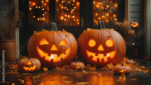 Two pumpkins with their mouths open and a few other pumpkins with their mouths closed. Scene is festive and playful