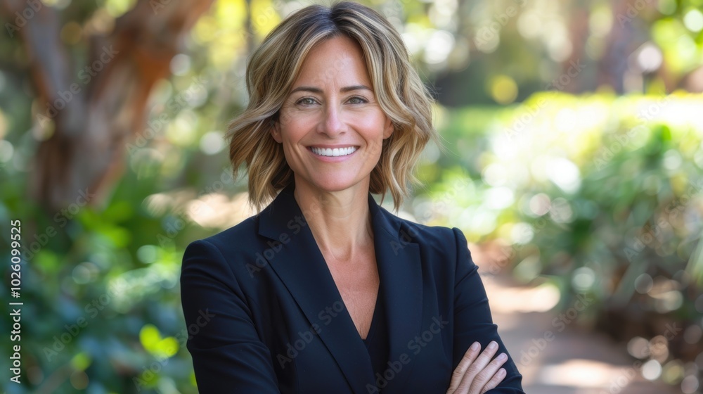 A confident woman in a blazer with blonde hair, standing with arms crossed and smiling in an outdoor garden setting with lush greenery A confident woman in a blazer with blonde hair, standing with arms crossed and smiling in an outdoor garden setting with lush greenery