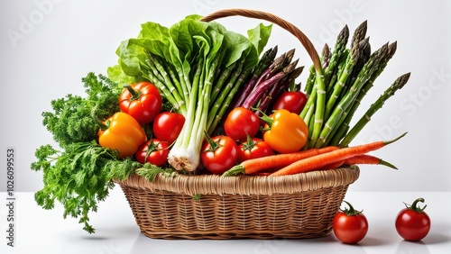 A vibrant basket filled with fresh vegetables and greens, showcasing healthy eating.